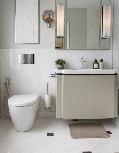 Bianco Rhino marble bathroom vanity and floor Marylebone London by Marble Bros LTD