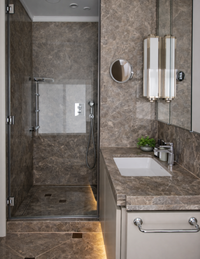 Eden marble wall and floor cladding with bespoke vanity installation in Marylebone by Marble Bros LTD