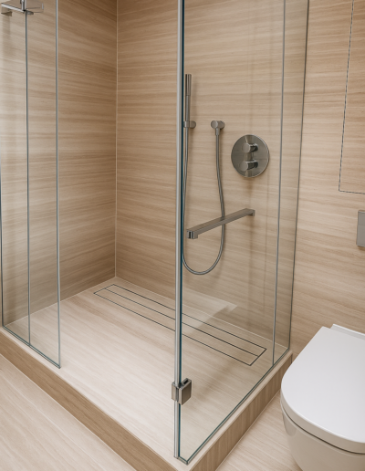 Walk-in shower clad in Filetto White limestone with linear drain in Hill Gate London master bathroom