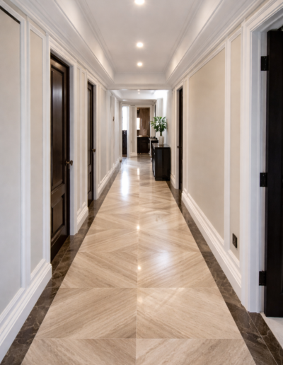 Filleto White marble hallway floor in diamond vein-matched pattern installed in Marylebone London by Marble Bros LTD