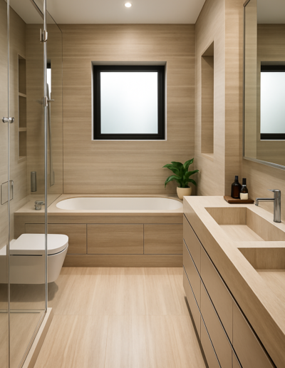 Master bathroom in Hill Gate London featuring Filetto White limestone wall cladding and bespoke stone vanity by Marble Bros