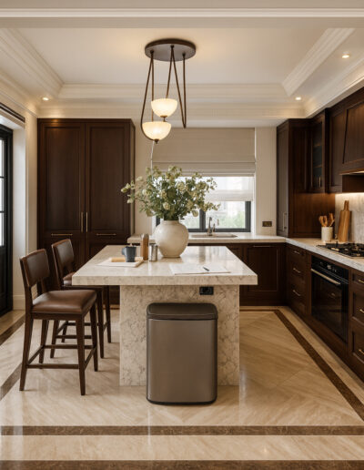 Luxury kitchen in Marylebone London designed by Laura Hammett featuring River quartz island worktop and bespoke Fileto White limestone floor