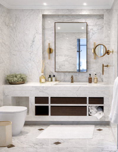 Calacatta Crema master bathroom vanity with Armani Brown inserts in Marylebone London by Marble Bros LTD