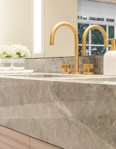 Carrara Venatino marble flooring in luxury bathroom with Silver Emperador marble vanity – Montpelier Square London
