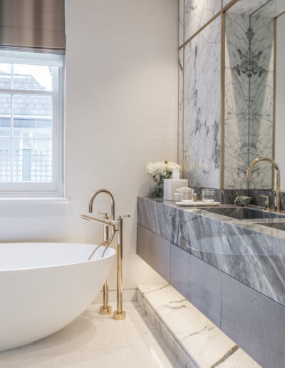 Luxury marble bathroom Montpelier Square London with Bardiglio marble vanity and Statuario Extra marble flooring