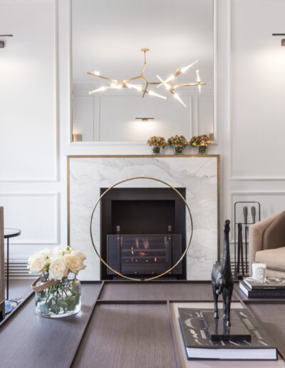 Luxury living room with Calacatta marble fireplace surround – Montpelier Square London project by Rigby & Rigby