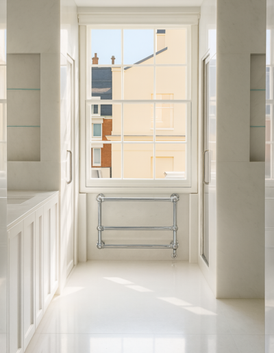 Bianco Cristalino marble bathroom large format wall cladding Belgravia Eaton Square London Marble Bros LTD