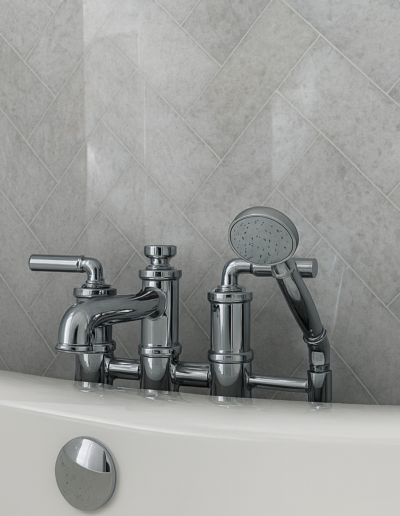 Bianco Cristalino marble bathroom tap detail herringbone wall Belgravia London Marble Bros LTD